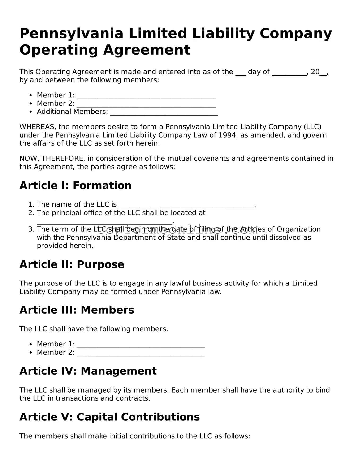 Printable Pennsylvania Operating Agreement Template