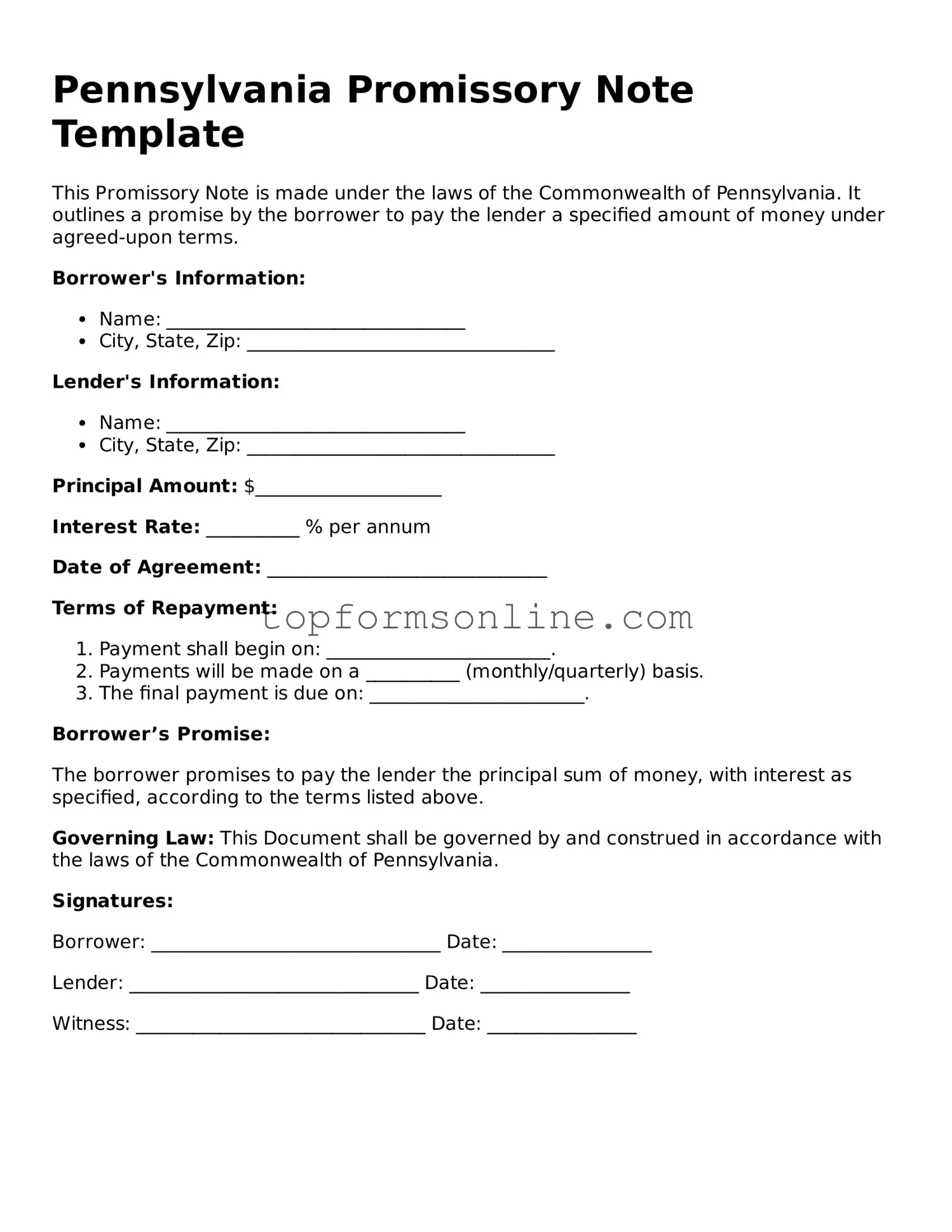 Printable Pennsylvania Promissory Note Template