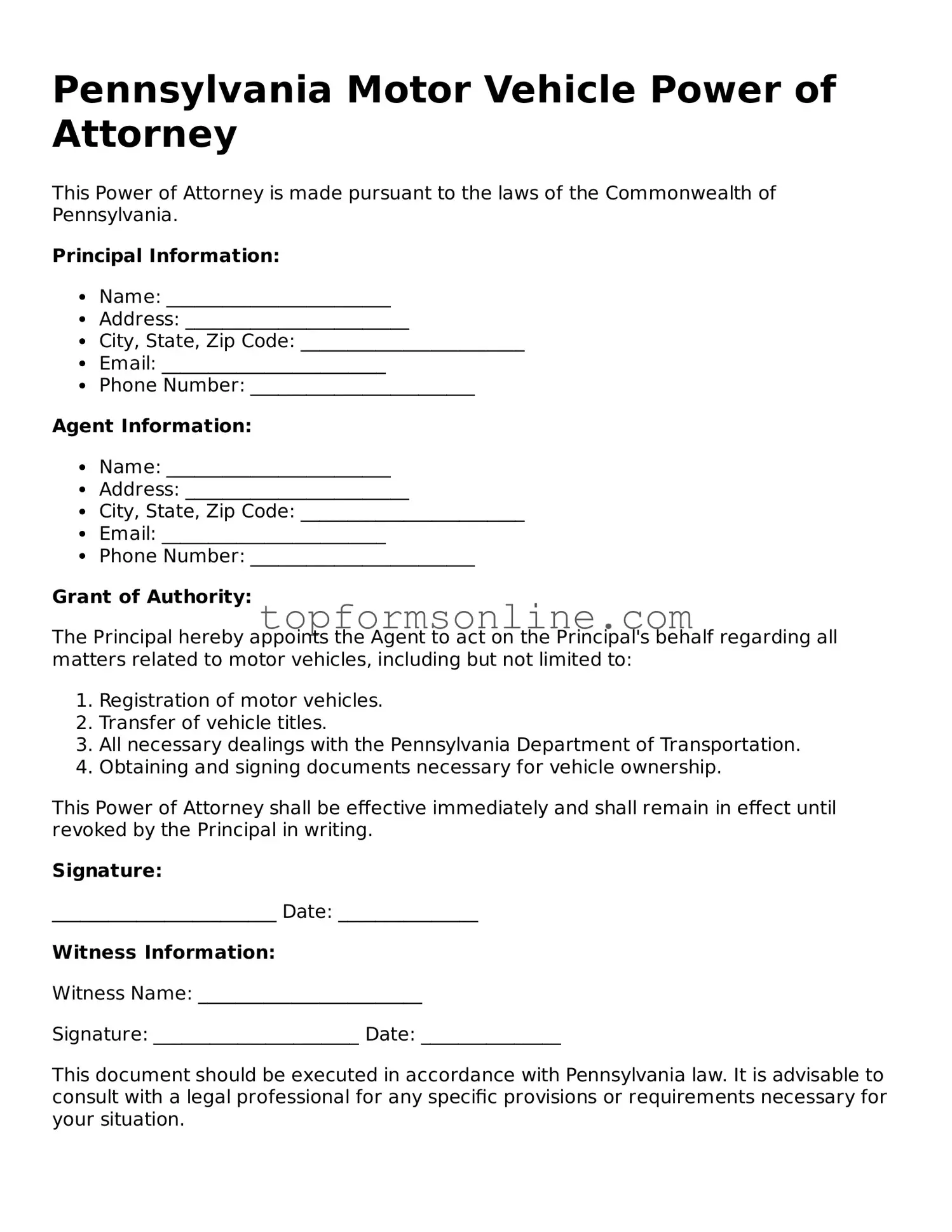 Printable Pennsylvania Motor Vehicle Power of Attorney Template