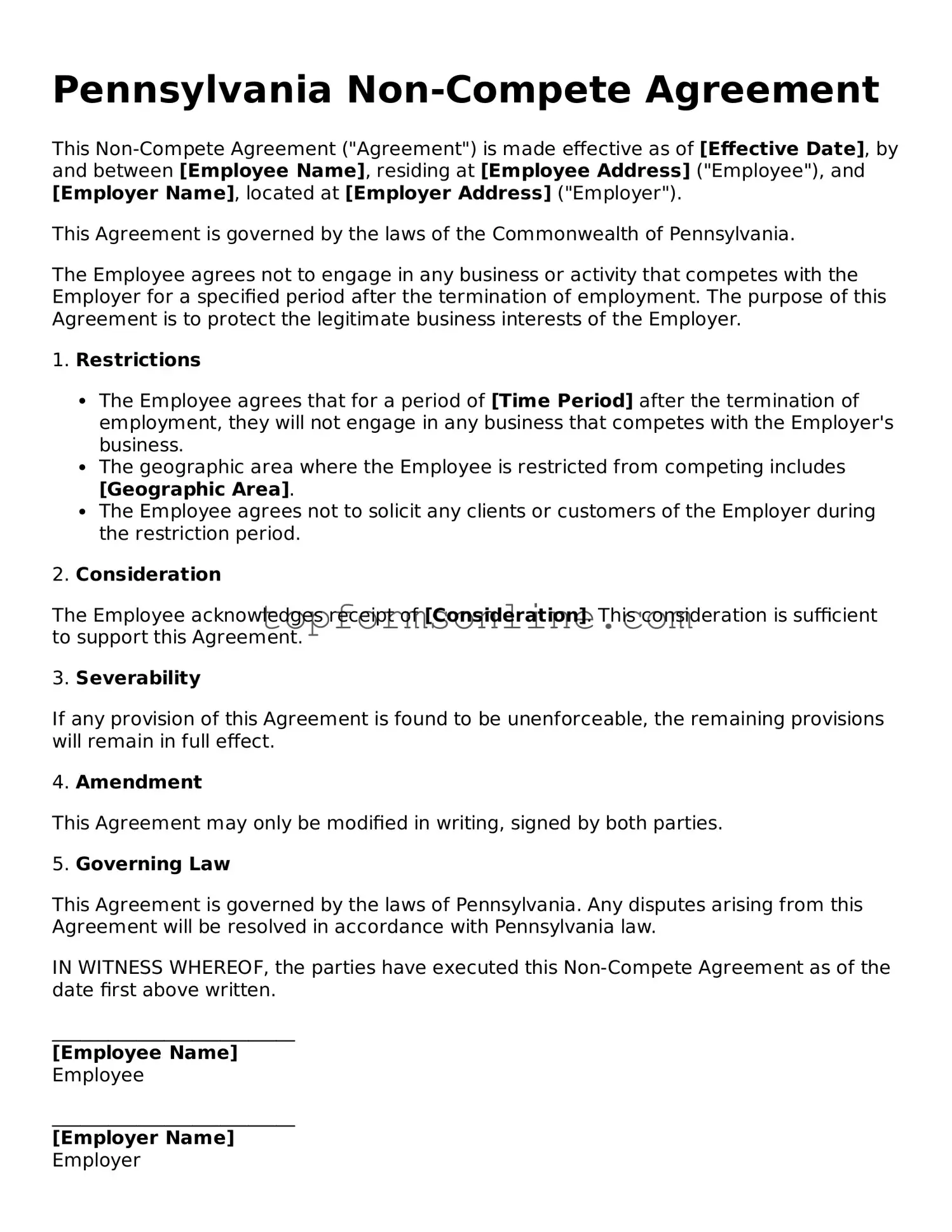 Printable Pennsylvania Non-compete Agreement Template