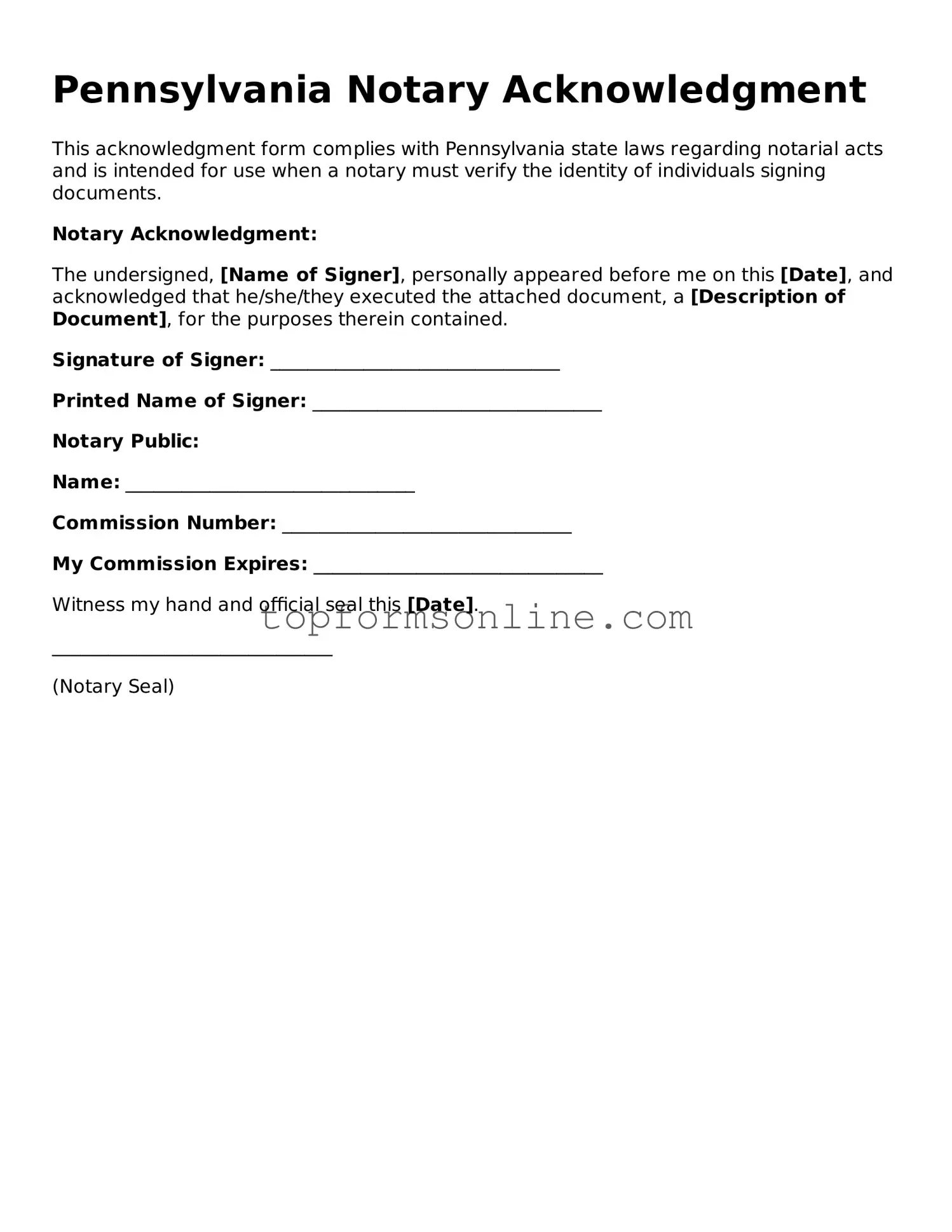 Printable Pennsylvania Notary Acknowledgement Template