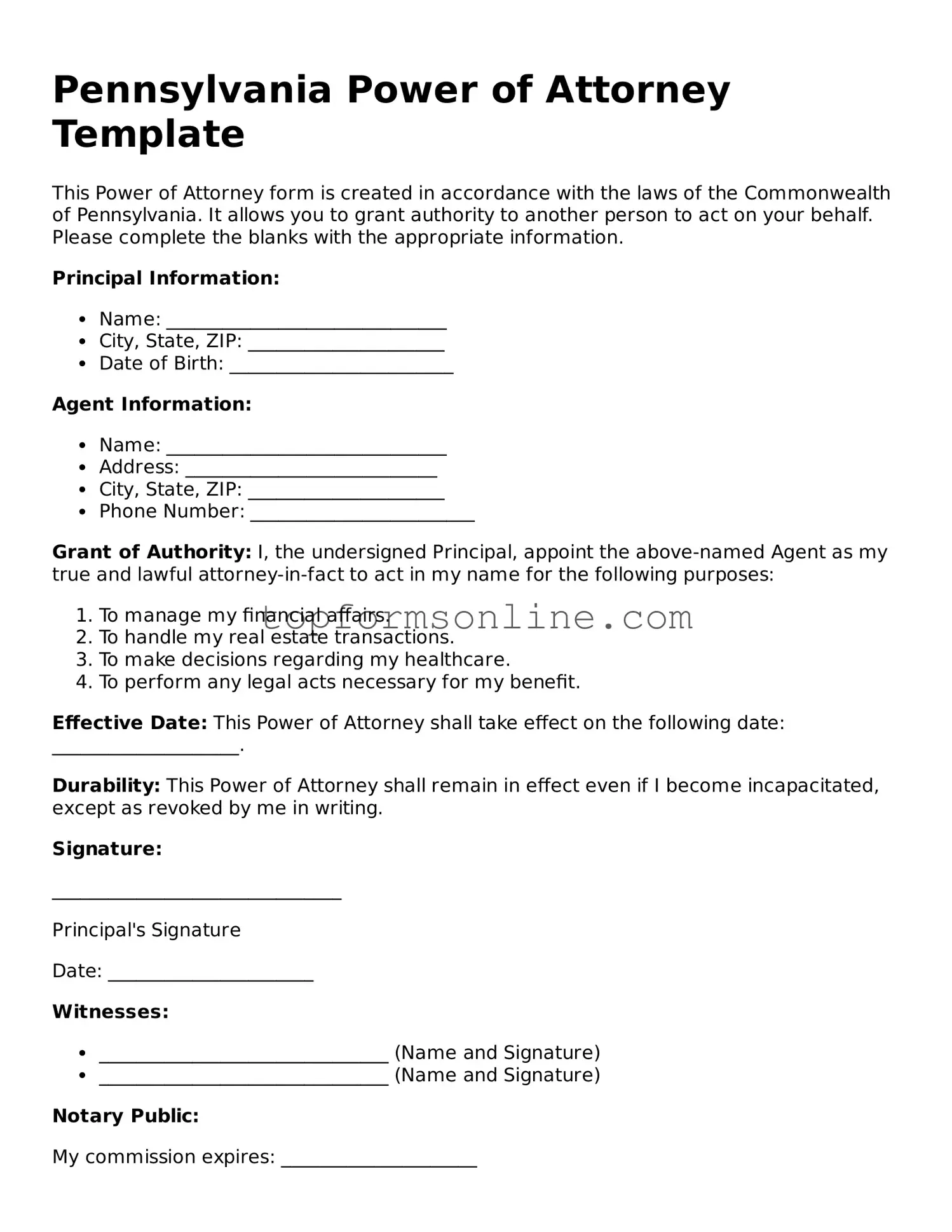 Printable Pennsylvania Power of Attorney Template