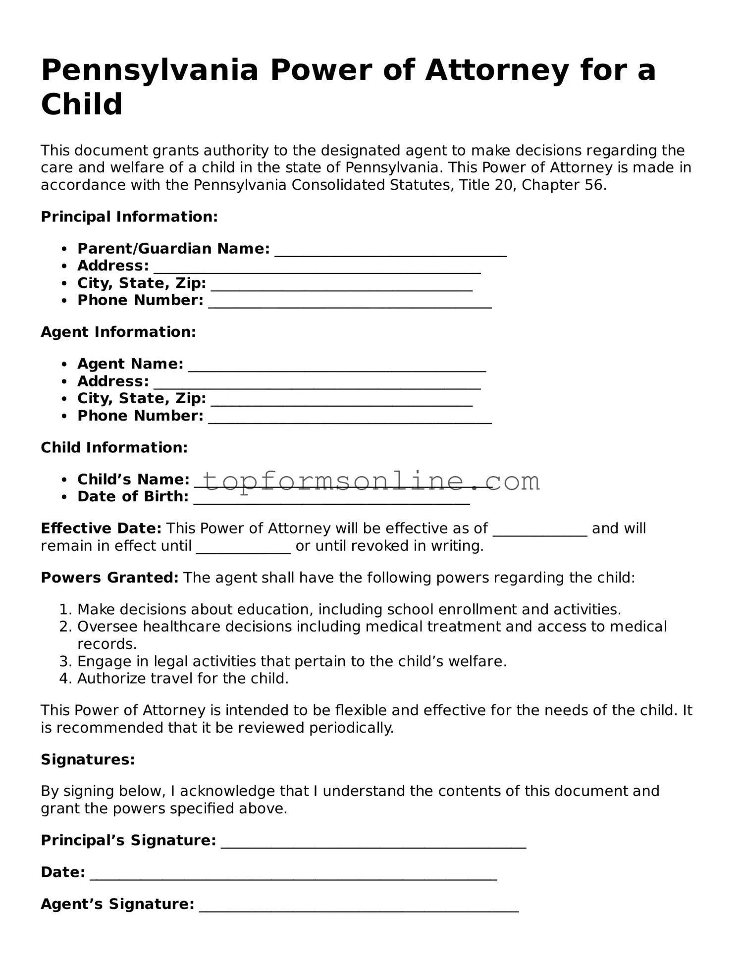 Printable Pennsylvania Power of Attorney for a Child Template