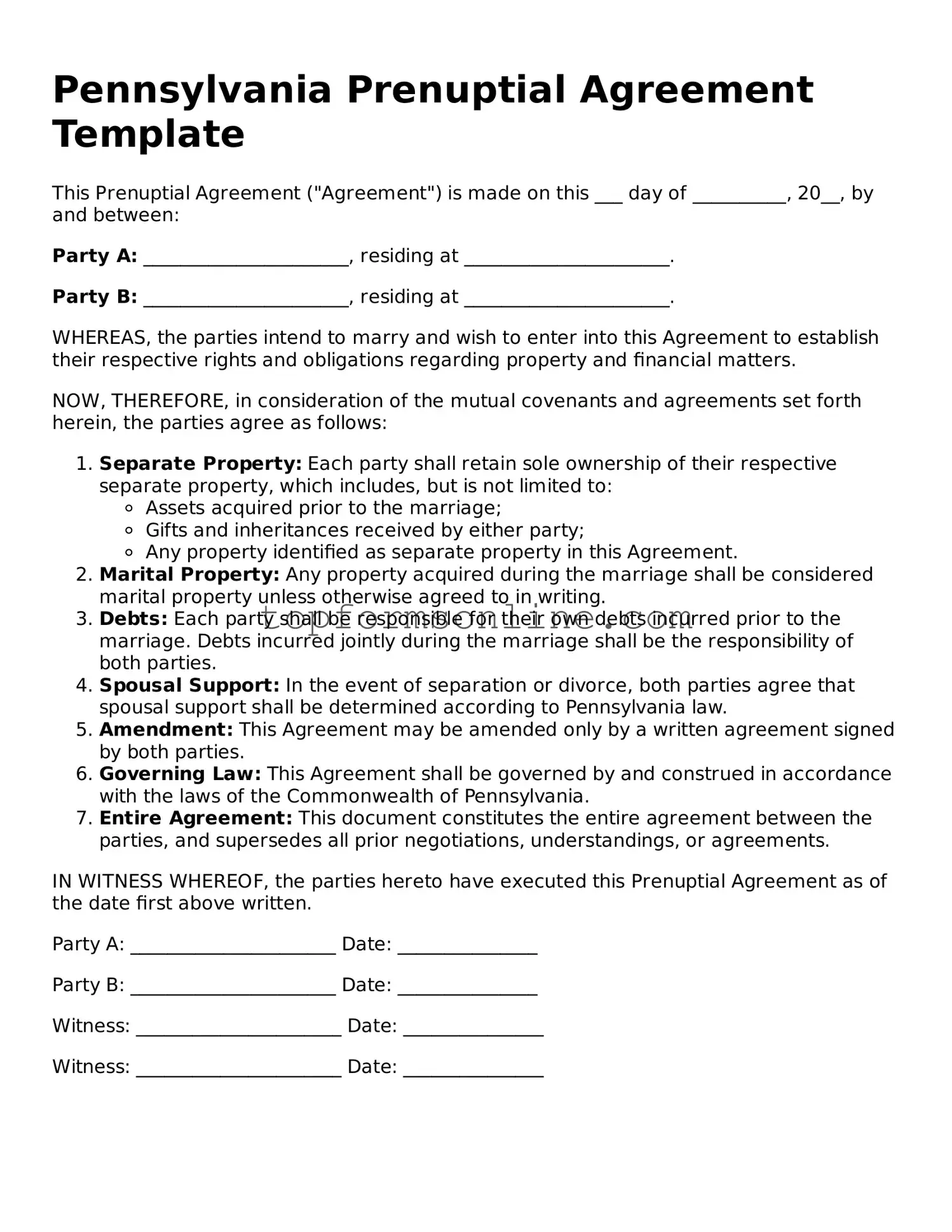 Printable Pennsylvania Prenuptial Agreement Template