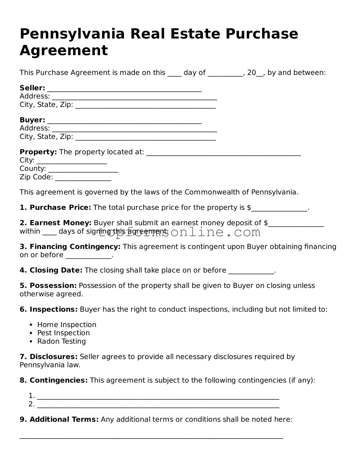 Printable Pennsylvania Real Estate Purchase Agreement Template