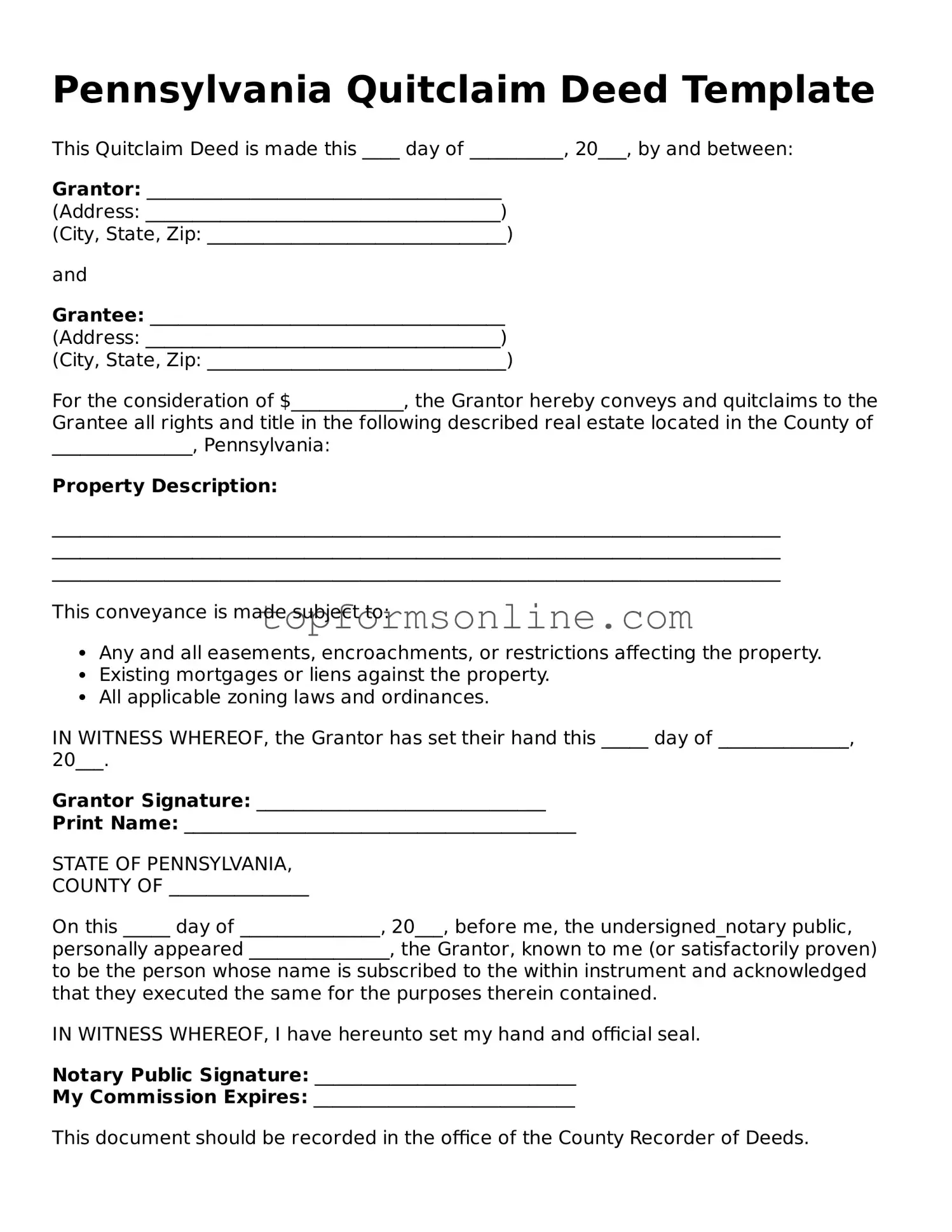 Printable Pennsylvania Quitclaim Deed Template