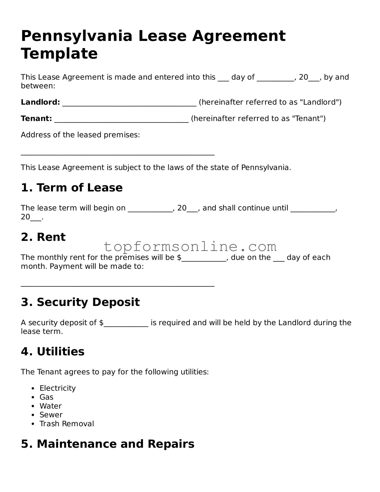 Printable Pennsylvania Lease Agreement Template