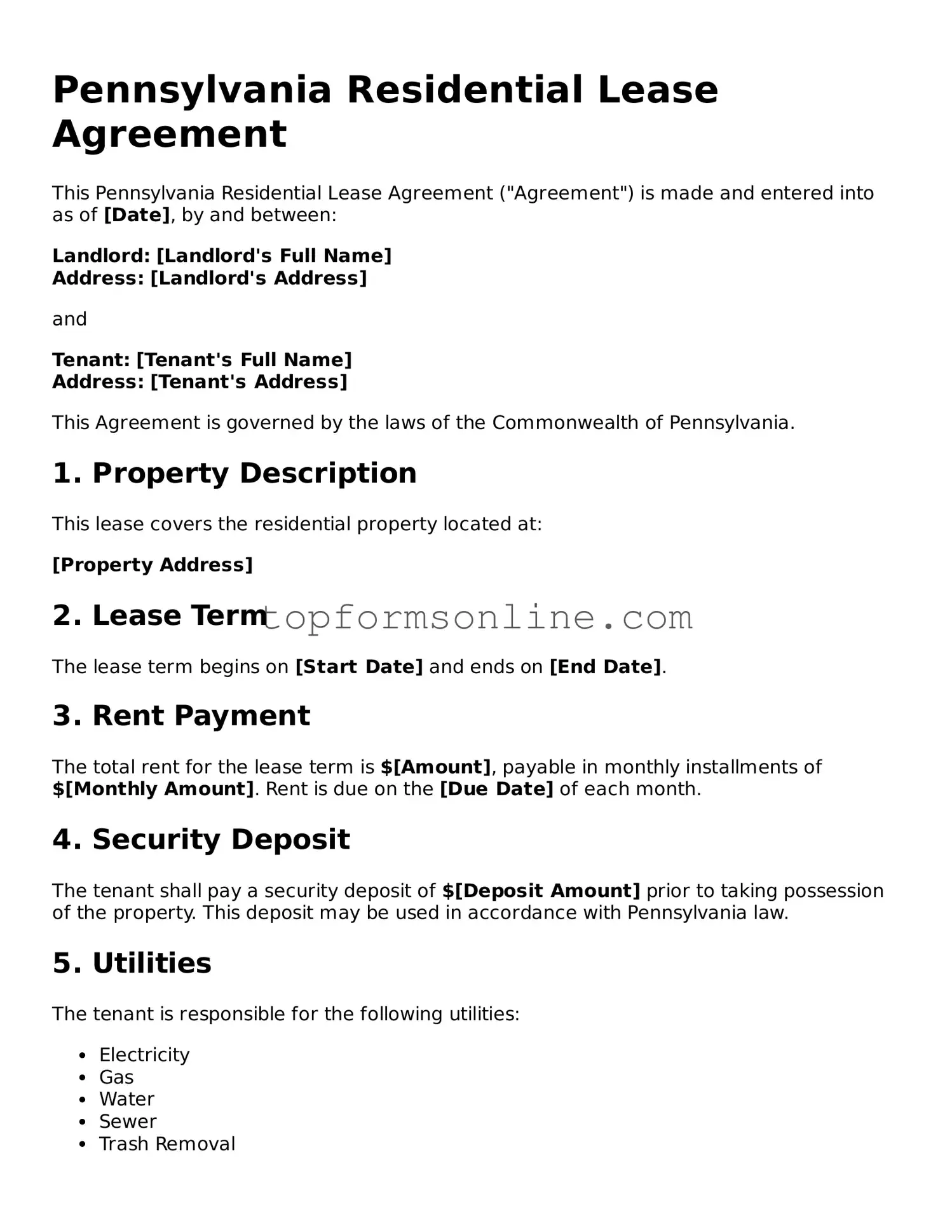 Printable Pennsylvania Residential Lease Agreement Template