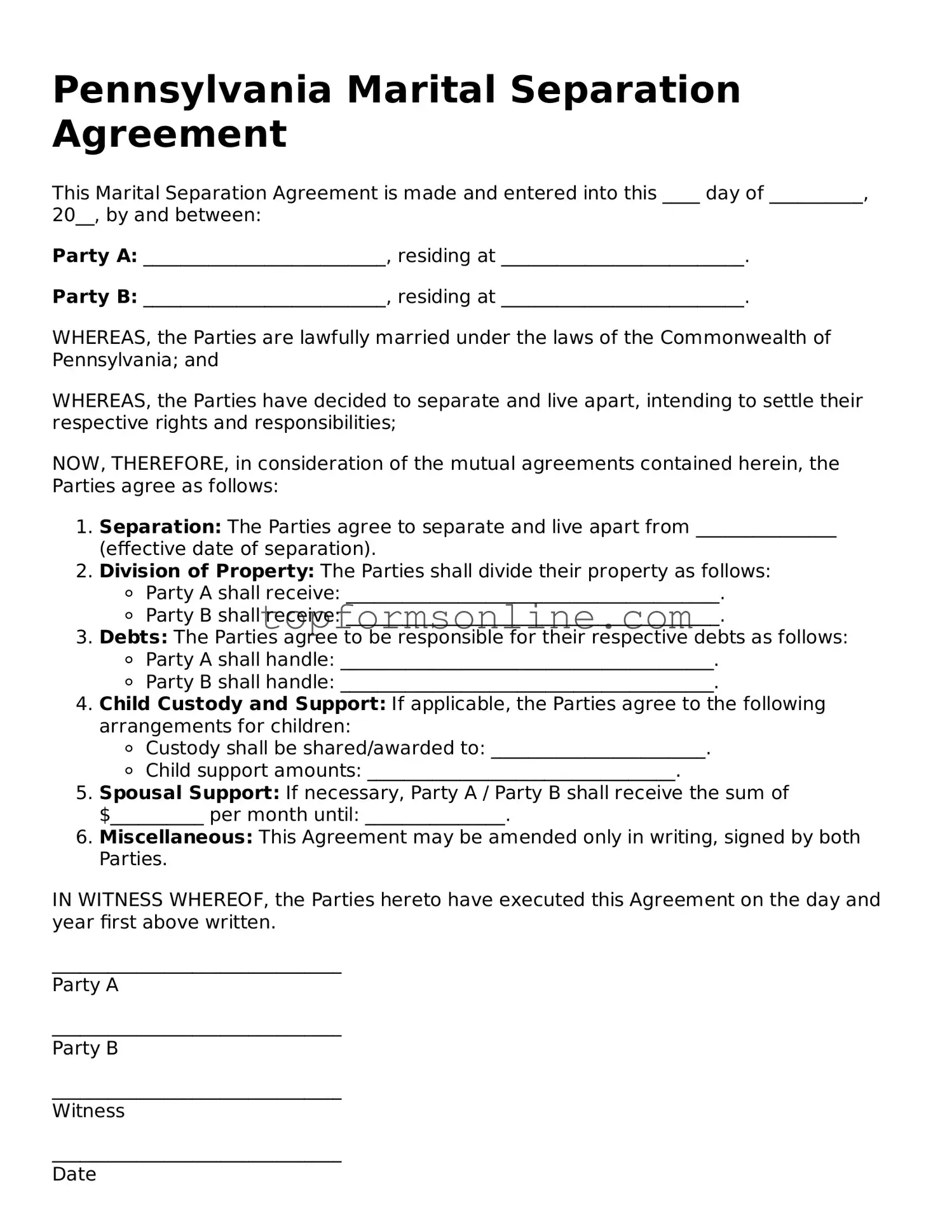 Printable Pennsylvania Marital Separation Agreement Template