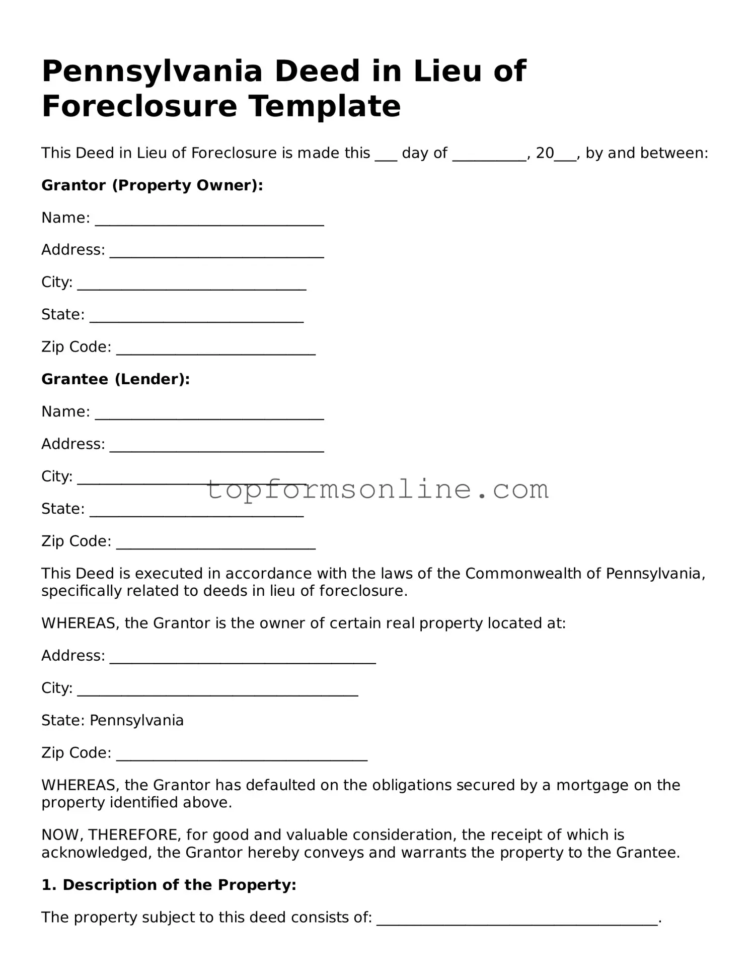Printable Pennsylvania Deed in Lieu of Foreclosure Template