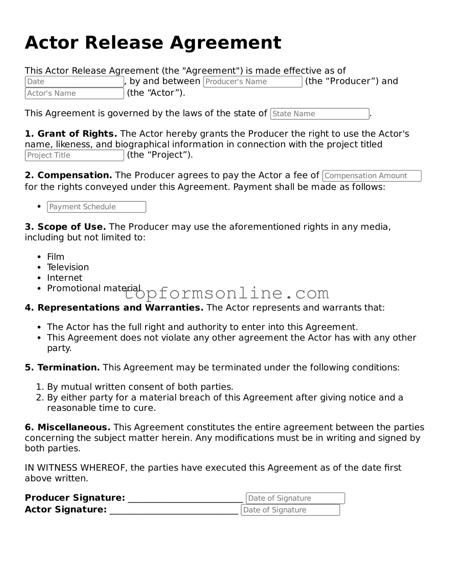 Valid Actor Release Template