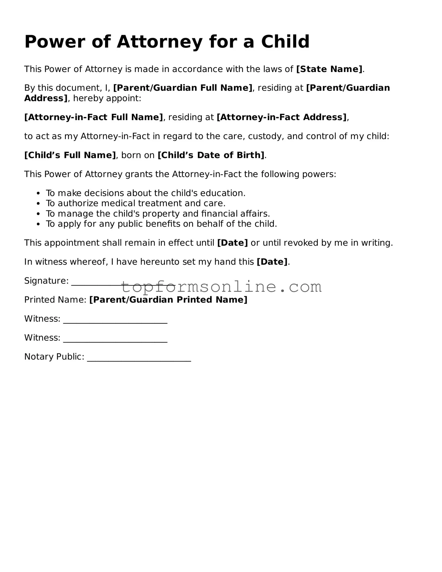Valid Power of Attorney for a Child Template