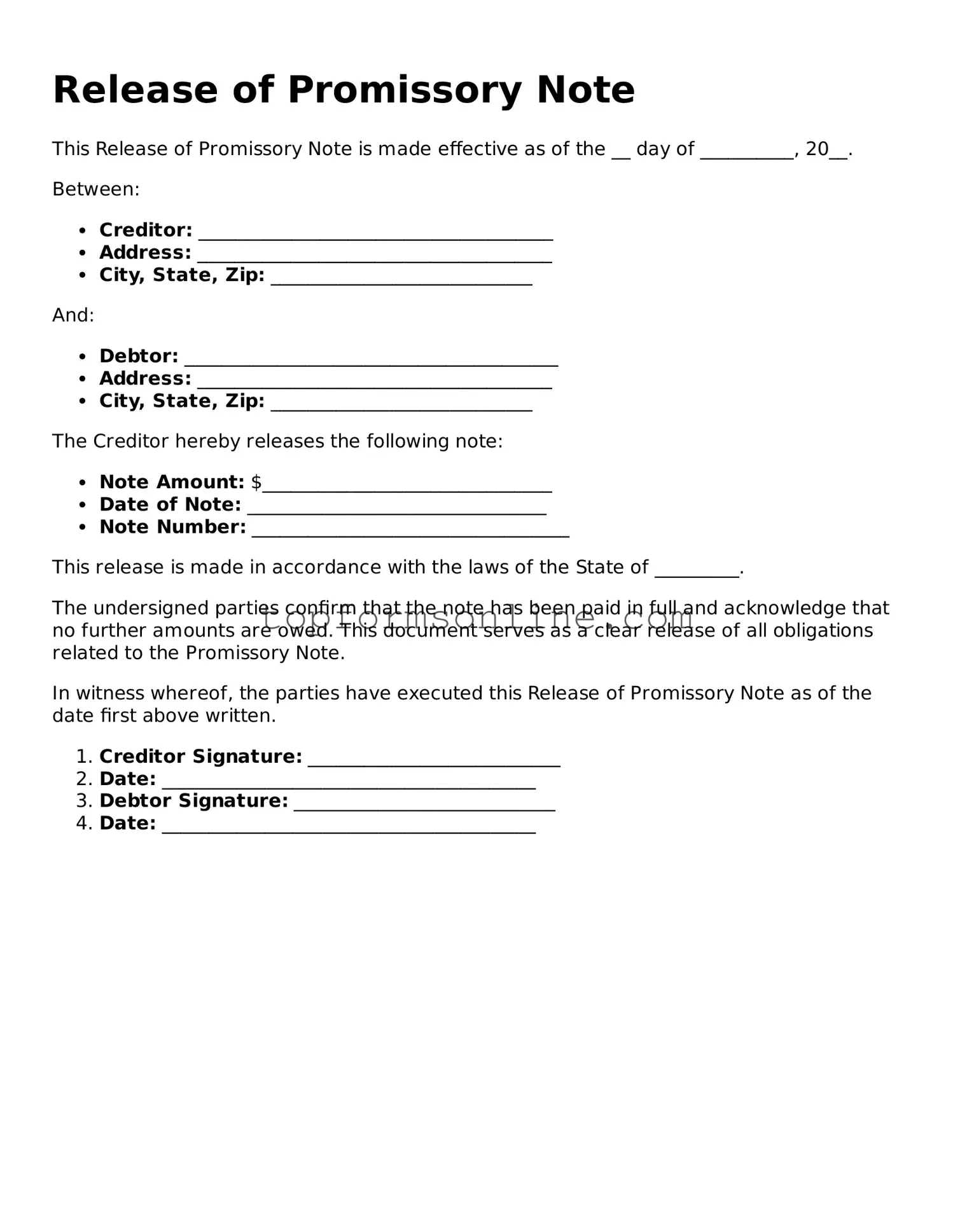 Valid Release of Promissory Note Template