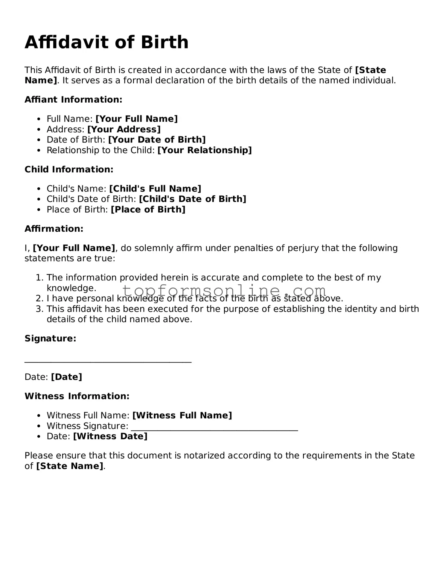 Valid Affidavit of Birth Template