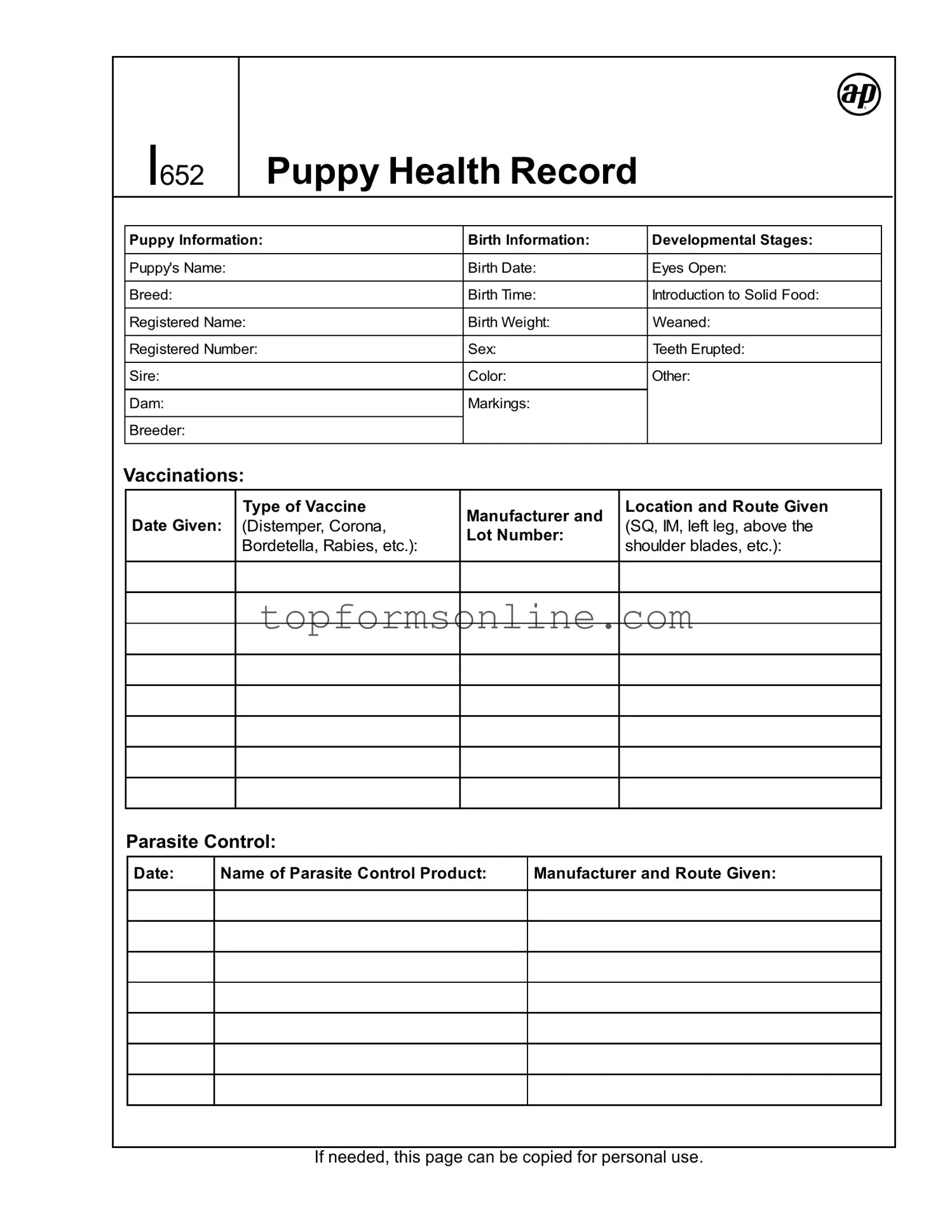 Fill Out a Valid Puppy Health Record Form