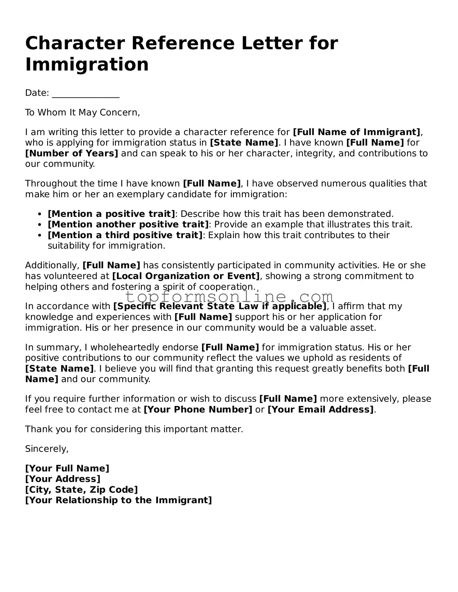 Valid Character Reference Letter for Immigration Template