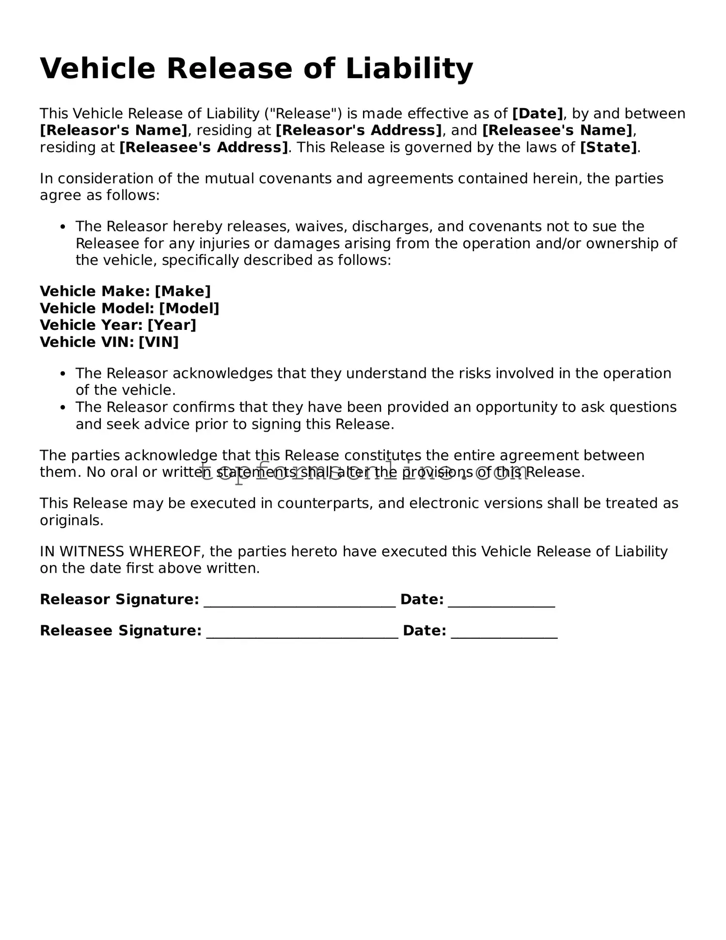 Valid Vehicle Release of Liability Template