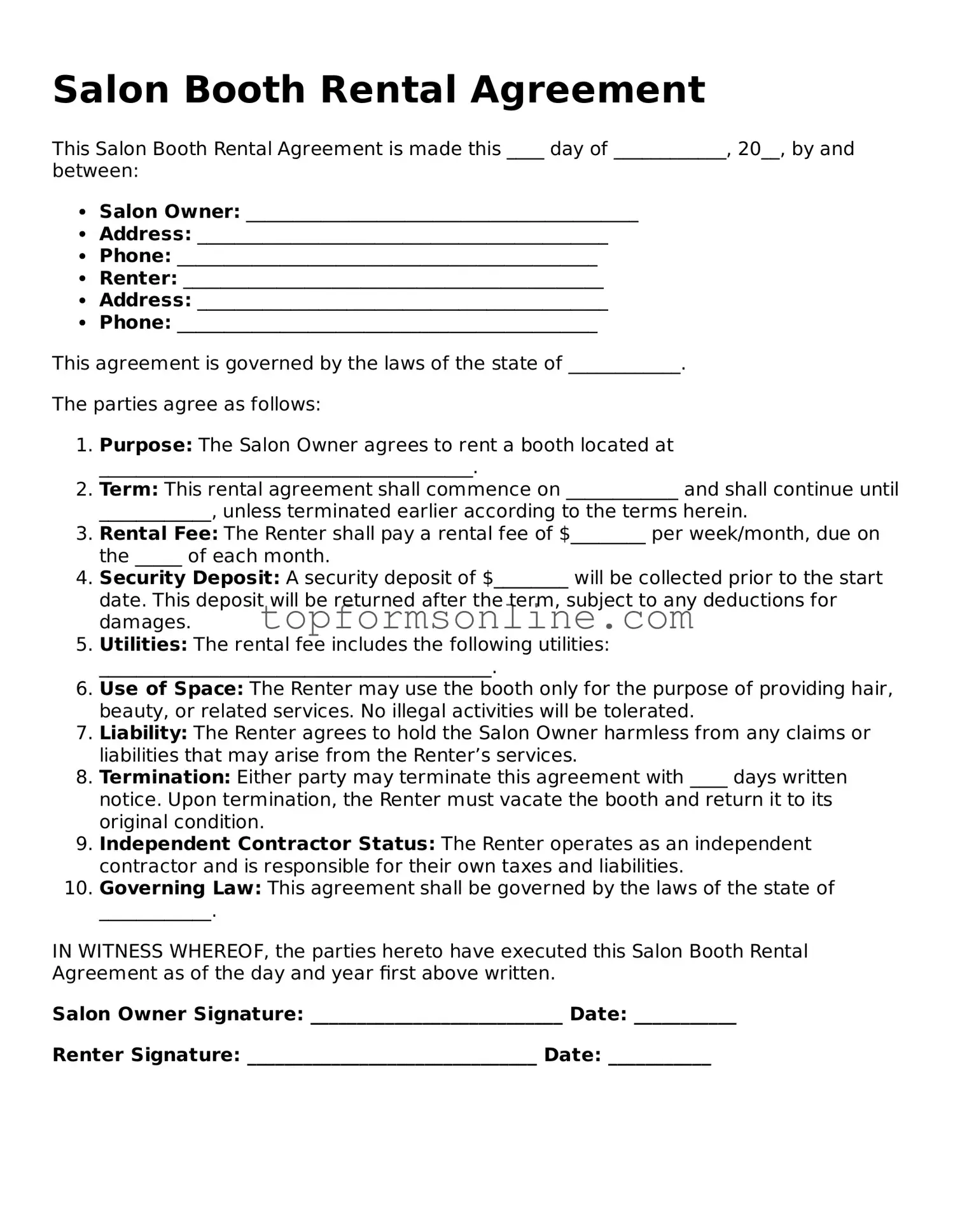 Valid Salon Booth Rental Agreement Template