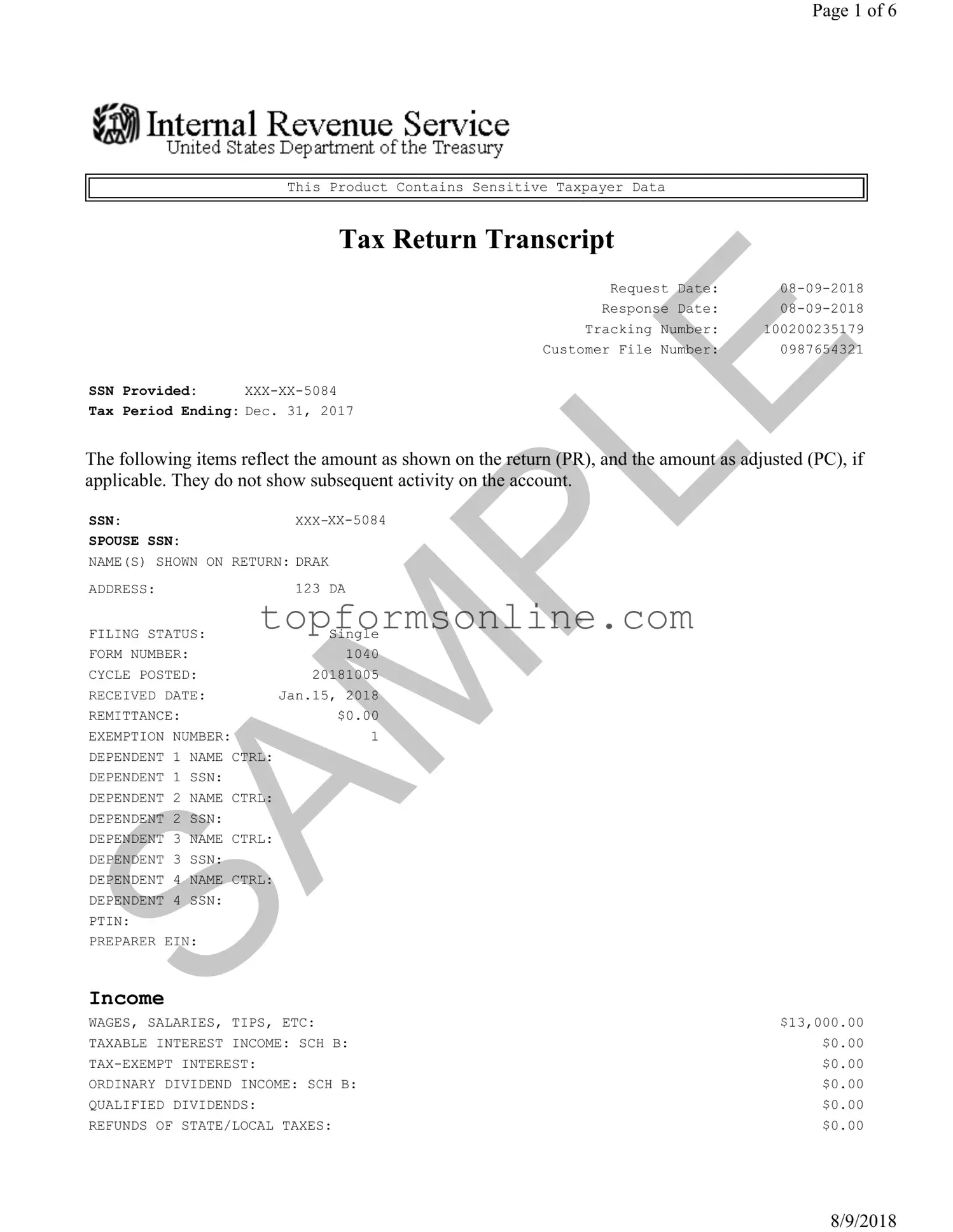 Fill Out a Valid Sample Tax Return Transcript Form