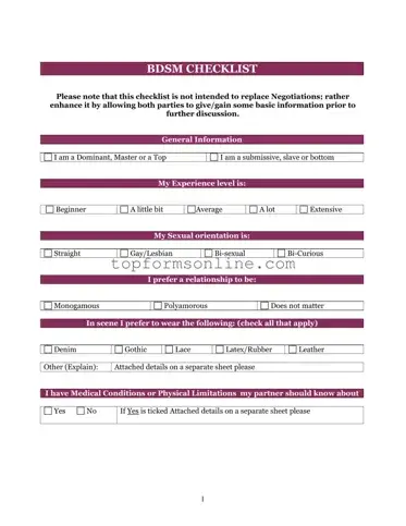 Fill Out a Valid Bdsm Checklist Form
