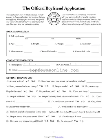 Fill Out a Valid Boyfriend application form Form