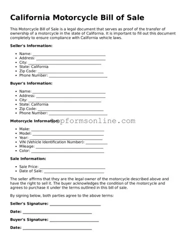 Printable California Motorcycle Bill of Sale Template