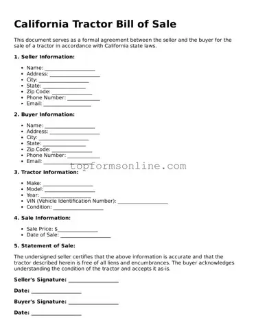 Printable California Tractor Bill of Sale Template