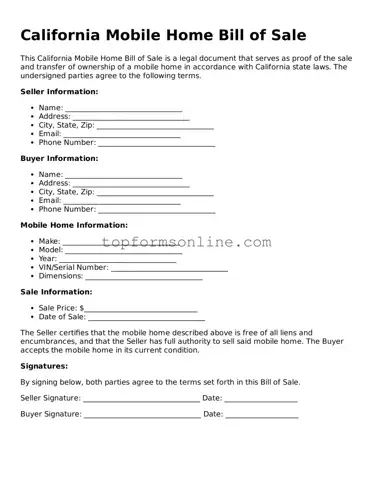 Printable California Mobile Home Bill of Sale Template