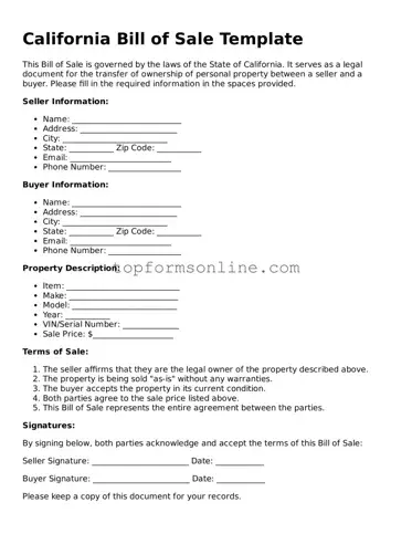 Printable California Bill of Sale Template