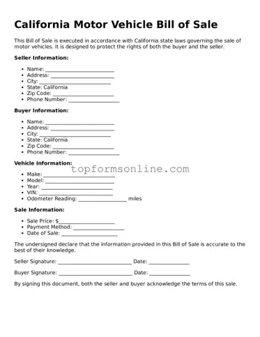 Printable California Motor Vehicle Bill of Sale Template