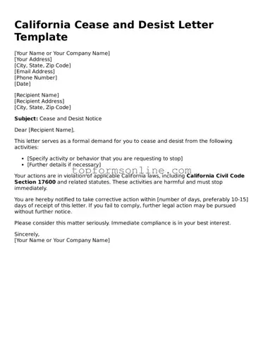 Printable California Cease and Desist Letter Template