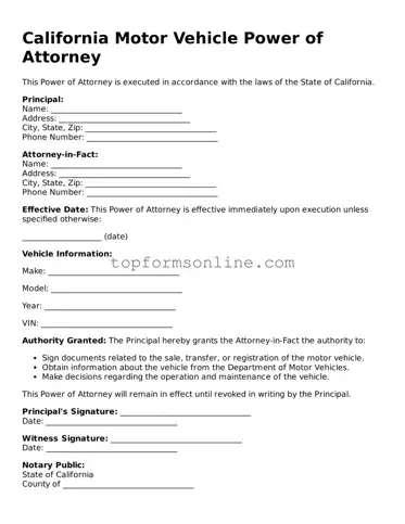 Printable California Motor Vehicle Power of Attorney Template