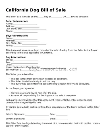 Printable California Dog Bill of Sale Template