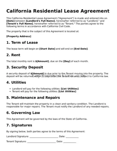Printable California Residential Lease Agreement Template