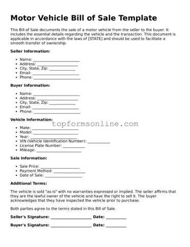 Valid Motor Vehicle Bill of Sale Template