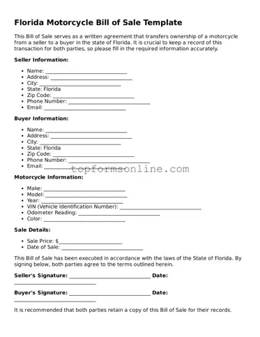 Printable Florida Motorcycle Bill of Sale Template
