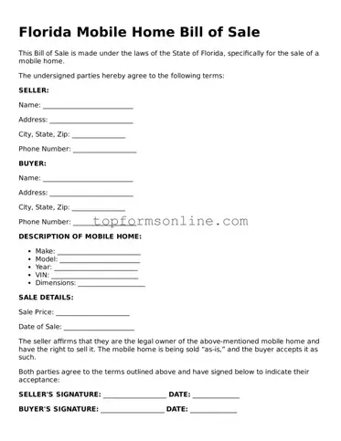 Printable Florida Mobile Home Bill of Sale Template