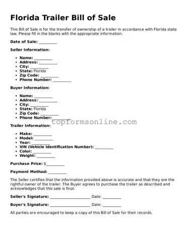 Printable Florida Trailer Bill of Sale Template