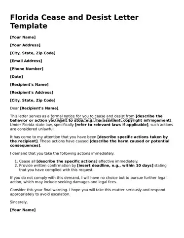 Printable Florida Cease and Desist Letter Template