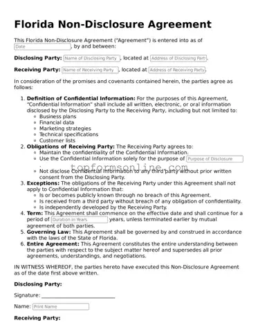 Printable Florida Non-disclosure Agreement Template