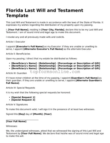 Printable Florida Last Will and Testament Template
