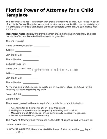 Printable Florida Power of Attorney for a Child Template