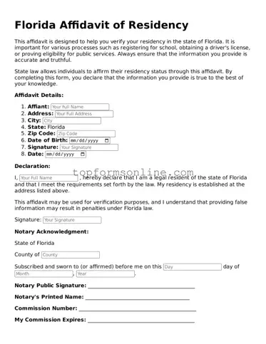 Printable Florida Affidavit of Residency Template