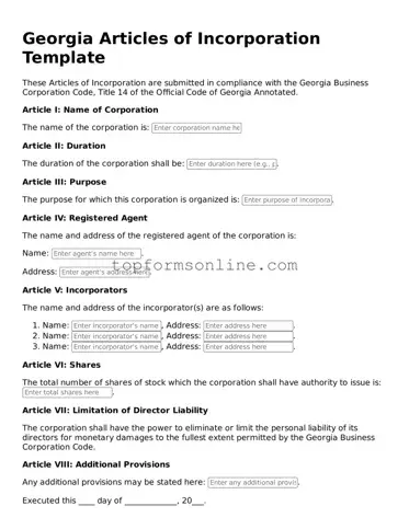 Printable Georgia Articles of Incorporation Template