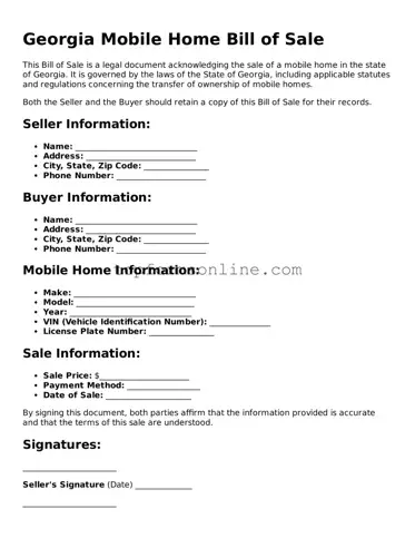 Printable Georgia Mobile Home Bill of Sale Template