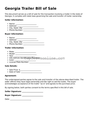 Printable Georgia Trailer Bill of Sale Template