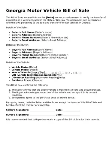 Printable Georgia Motor Vehicle Bill of Sale Template