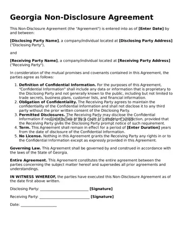 Printable Georgia Non-disclosure Agreement Template
