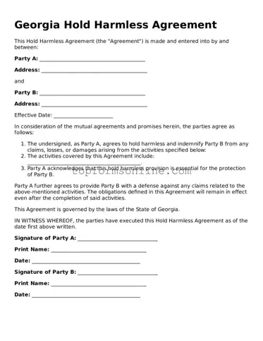 Printable Georgia Hold Harmless Agreement Template