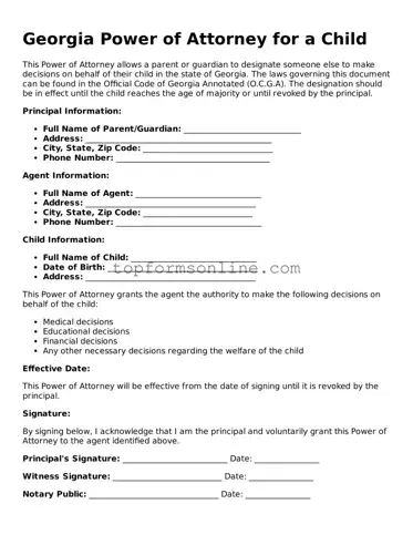Printable Georgia Power of Attorney for a Child Template